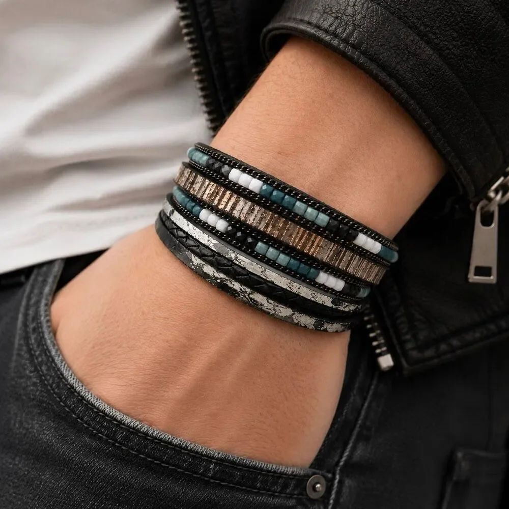 Black & White Multi-Strand Leather Beaded Boho Cuff Bracelet